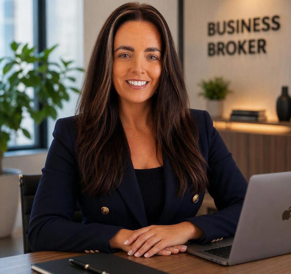 Ciara Duffy at her desk in front of a Business Broker sign