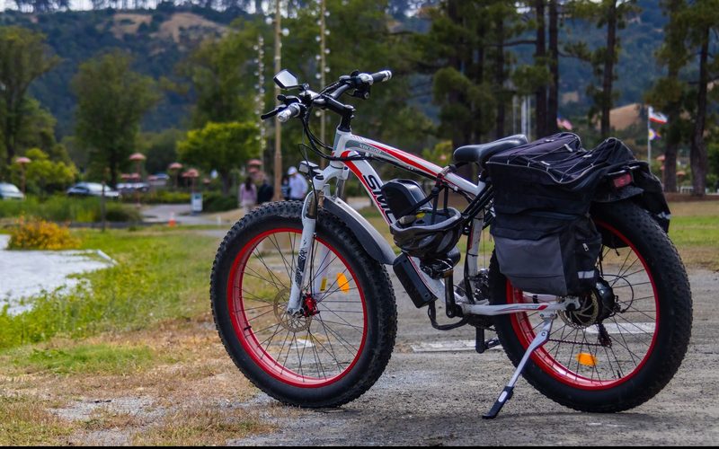 Fat bike with panniers on a gravel path (illustrative image, not the business for sale)
